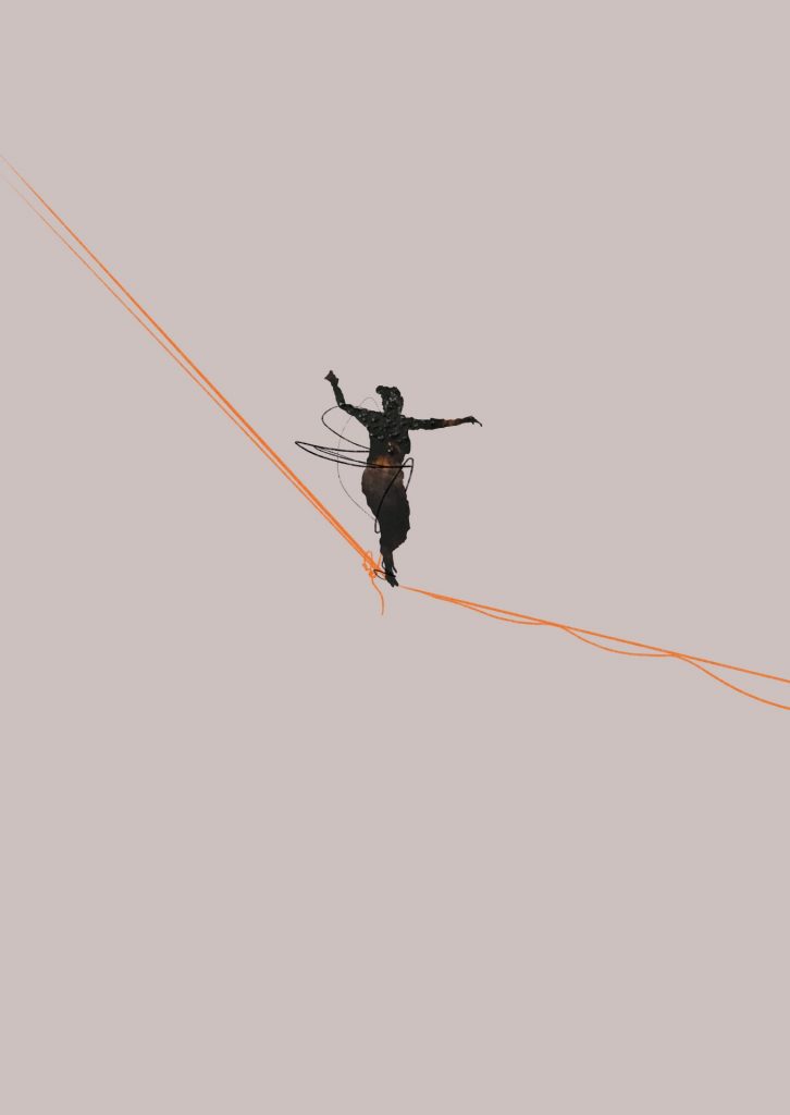An illustrated black figure walks an orange tightrope against a beige background. The figure has black lines like another rope, partly wrapped around them.