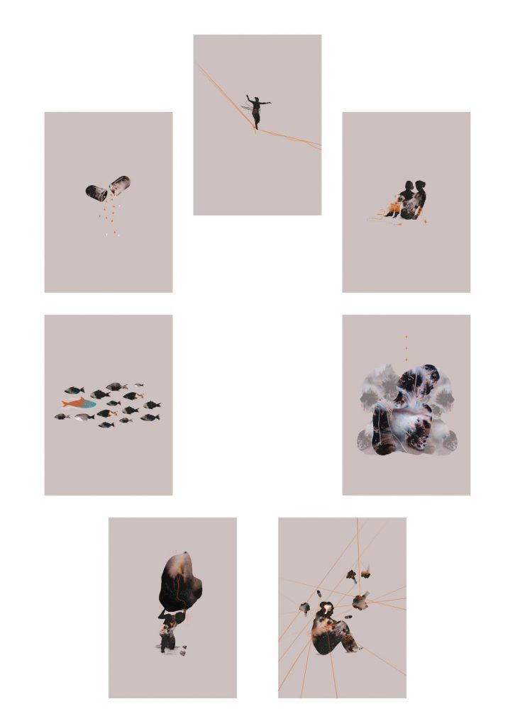 An arrangement of 7 illustration thumbnails sit in a rough circle on a rectangluar white background.