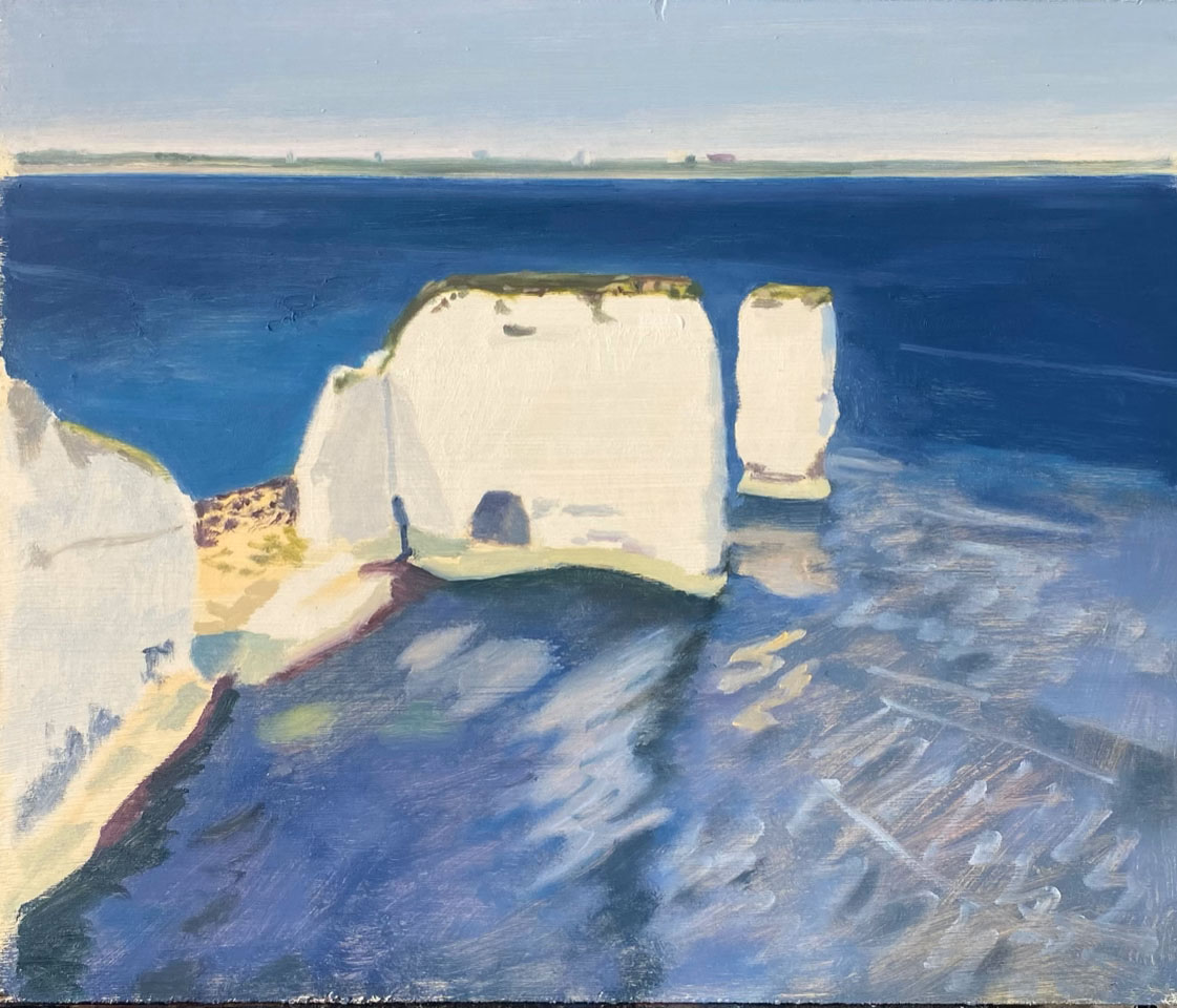 An oil painting showing stark white cliffs on a blue sea.