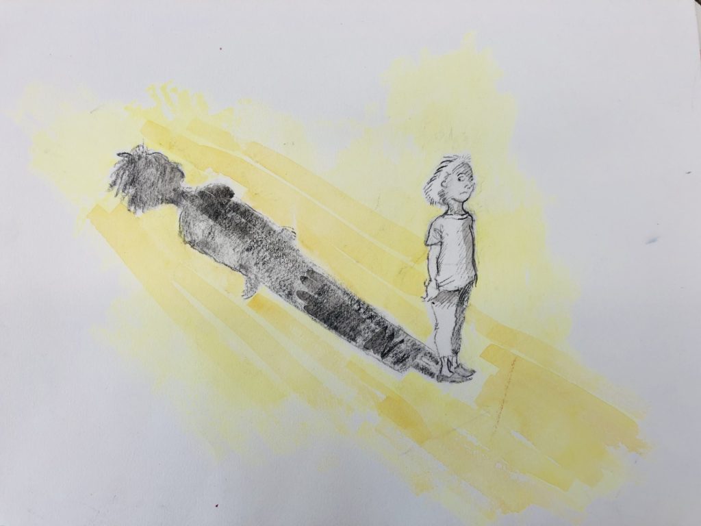 A pencil drawing of a small figure standing resolutely, but casting a long dark shadow behind themselves. The person and shadow are black and white but surrounded by a pale yellow glow.