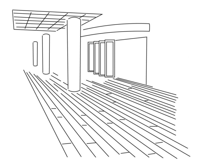 Black and white line drawing of a corridor with wooden floor