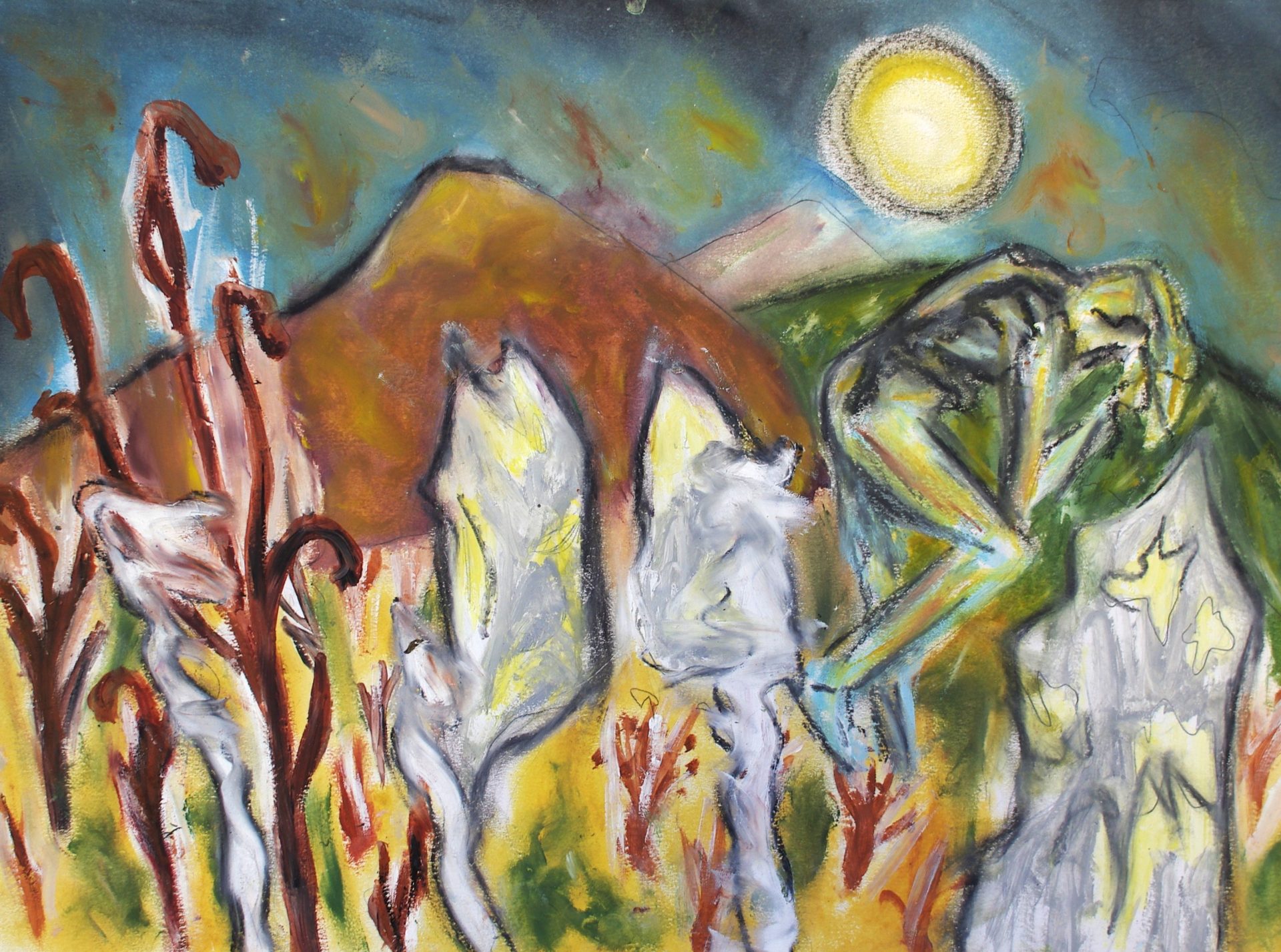 An oil painting showing stark white cliffs on a blue sea.