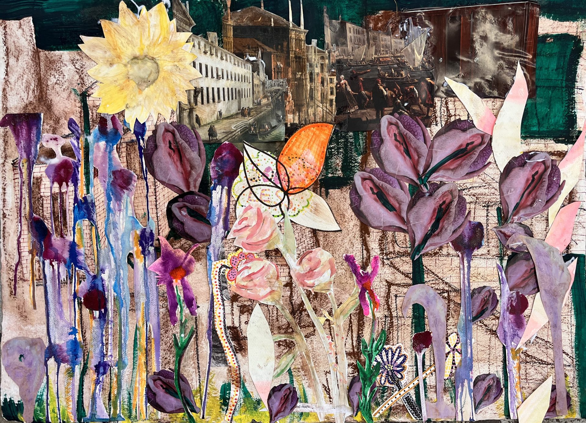A colourful collage artwork with flowers in the foreground and images of historic looking buildings in the background. Purple, blue and yellow painted flowers sit on top of the collage create more depth.